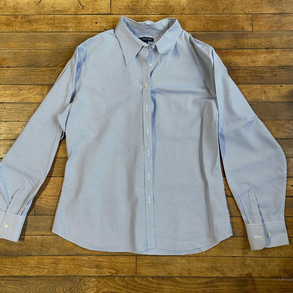 Lands' End Women’s Blue Striped Dress Shirt Size 18 White/Blue Stripe